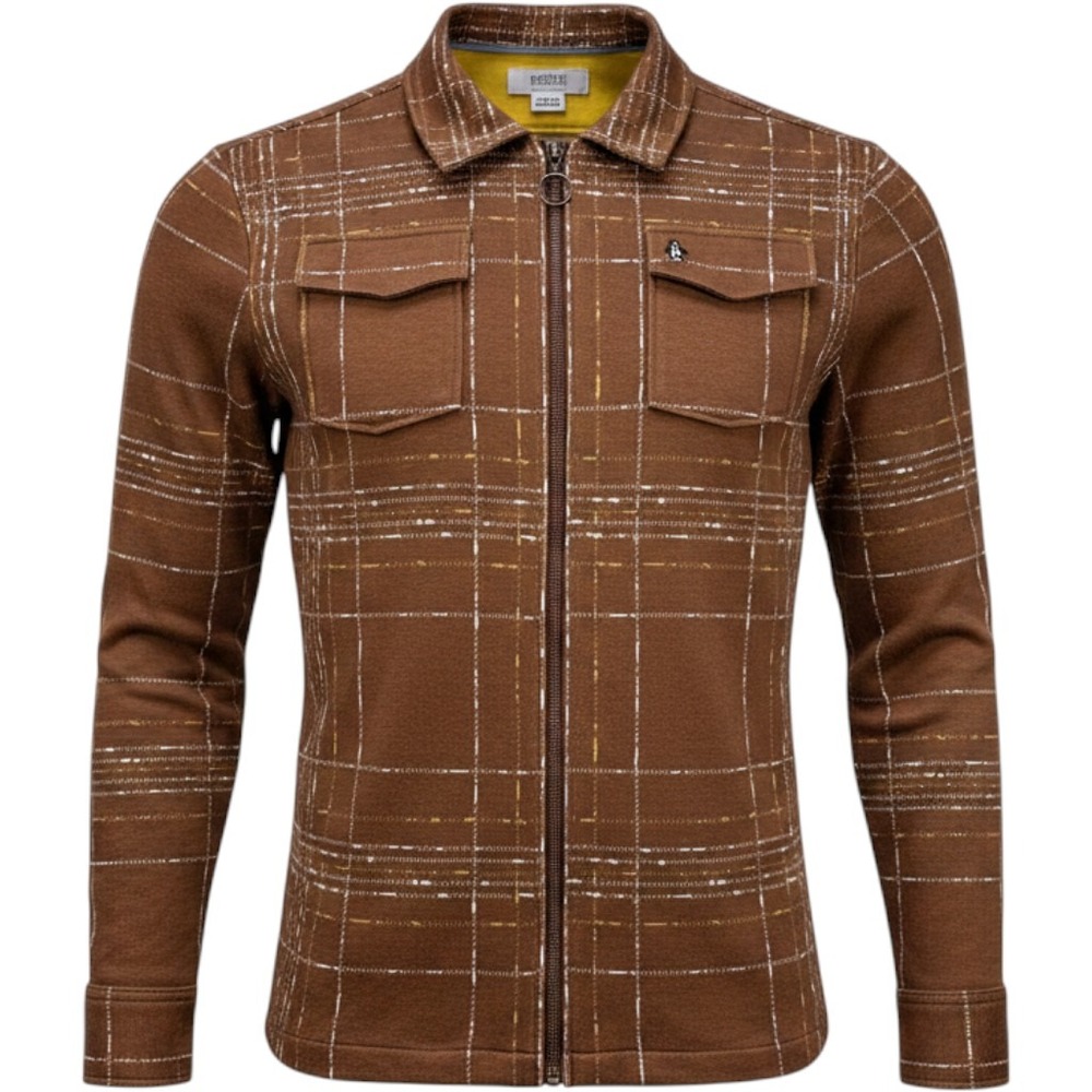 Original Penguin Munsingwear Mens Brown Plaid Zip Up Shirt Jacket Small